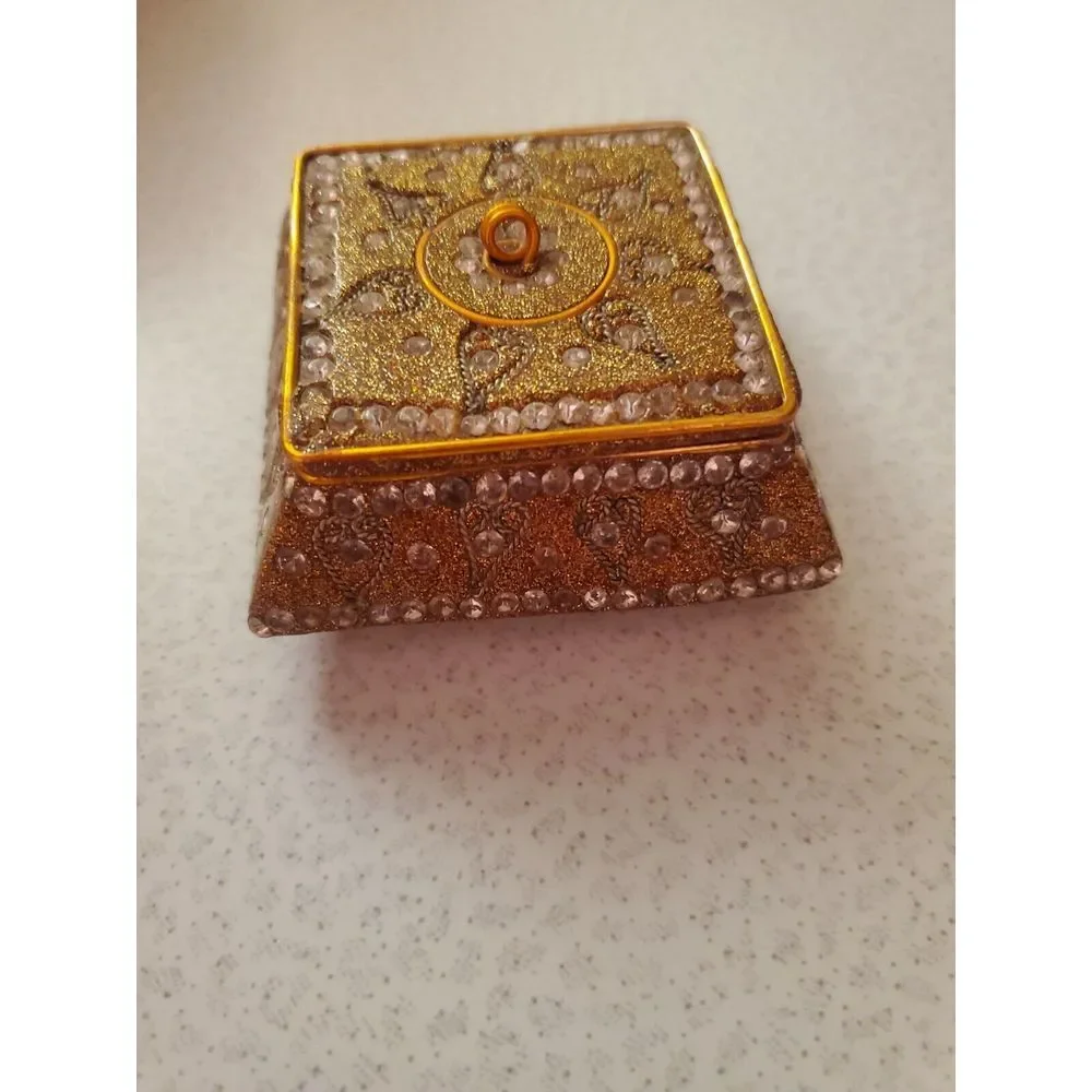 Vintage Gold Jeweled  Resin Trinket Box, from India  1-1/2